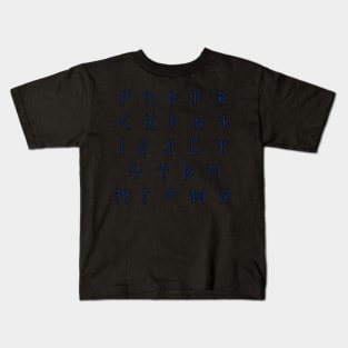 Futhark Rune Alphabet Stickers in Lightning Blue against the Night Dark Kids T-Shirt